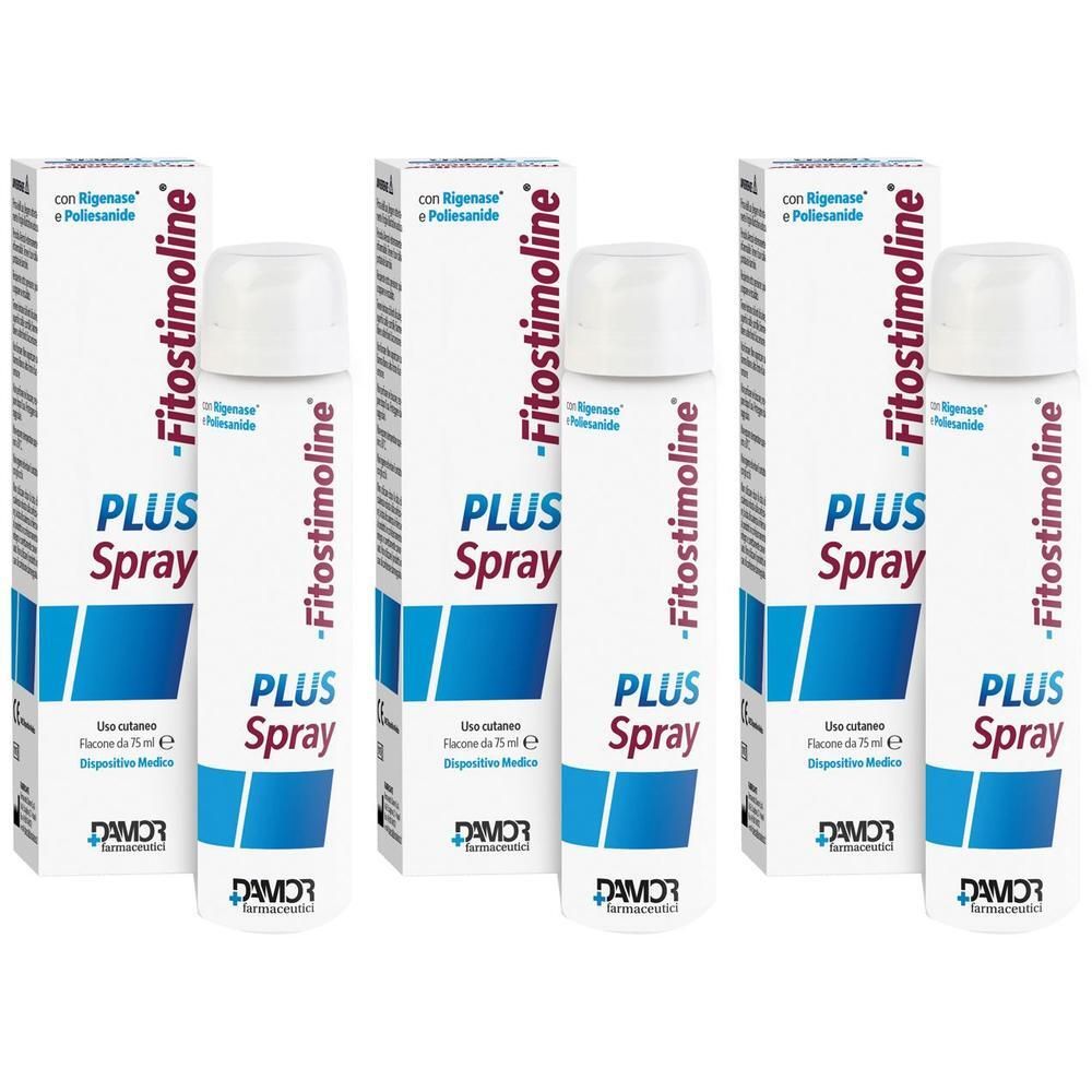 Tre flaconi spray Fitostimoline Plus Spray 75 ml con astuccio.