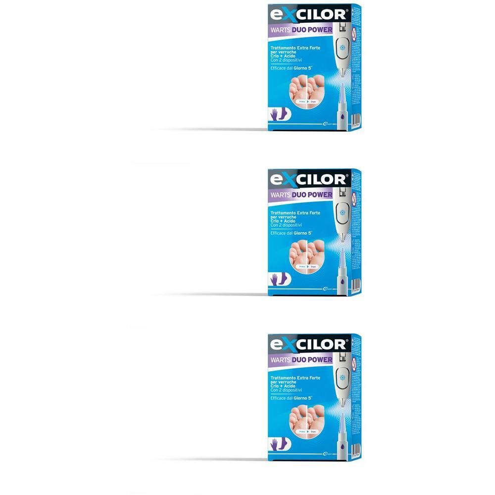 Confezione del EXCILOR® Warts Duo Power Pen con applicatore criogenico e acido.