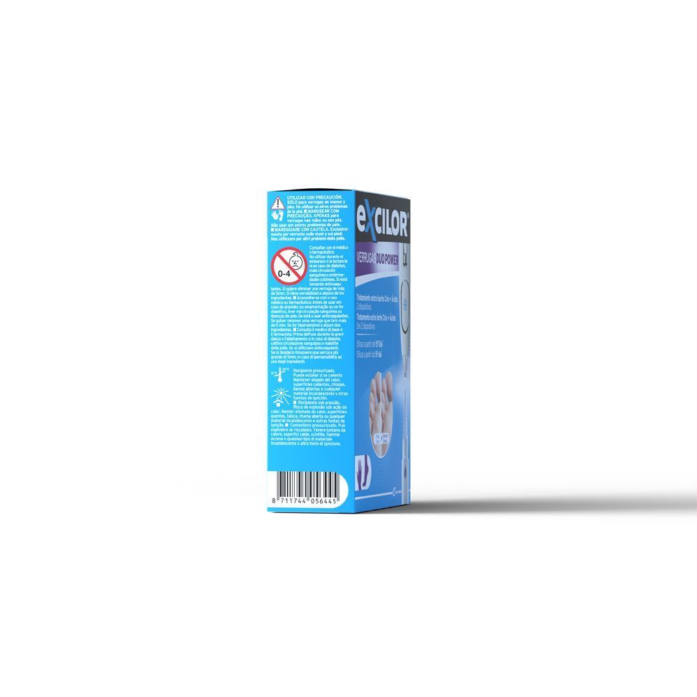 Vista laterale della confezione EXCILOR® Warts Duo Power Pen con avvertenze.