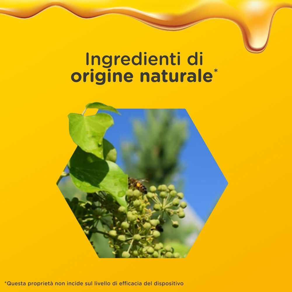Primo piano di un'ape su una pianta, circondata da foglie verdi. Sfondo giallo con testo 'Ingredienti di origine naturale'.