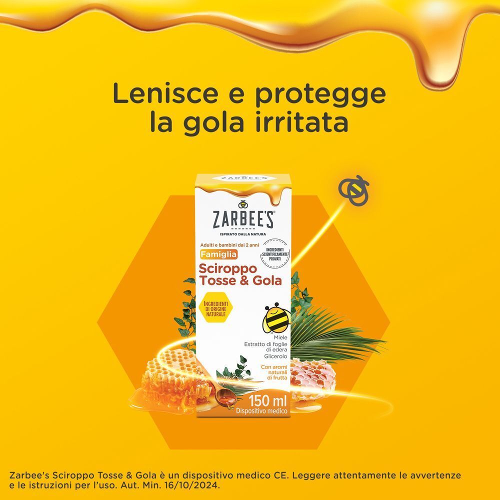 Confezione Sciroppo Zarbee's Tosse & Gola con design a miele, testo 'Lenisce e protegge la gola irritata'.
