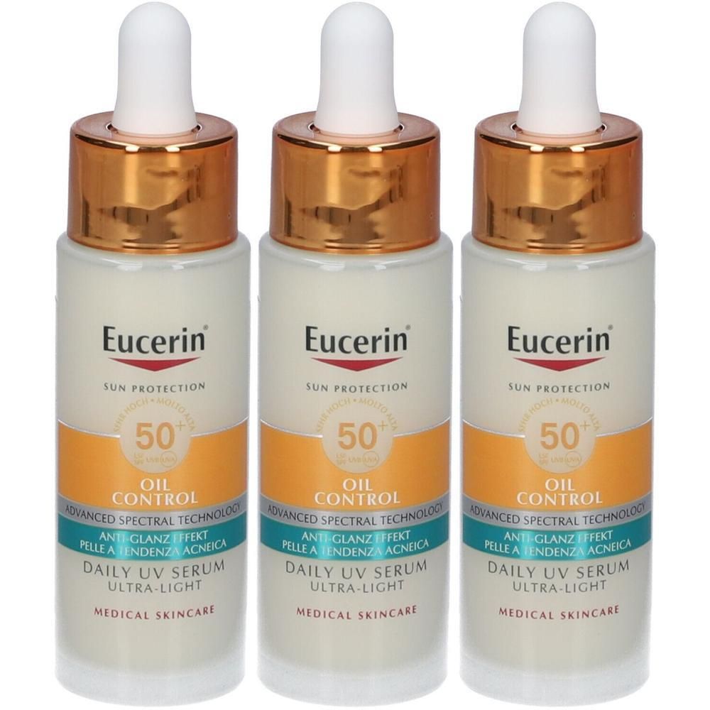 Tre sieri Eucerin Oil Control con SPF 50.