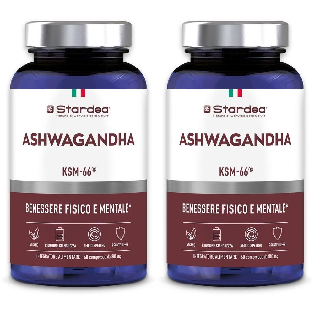 Due flaconi di Stardea Ashwagandha KSM-66® per il benessere fisico e mentale.