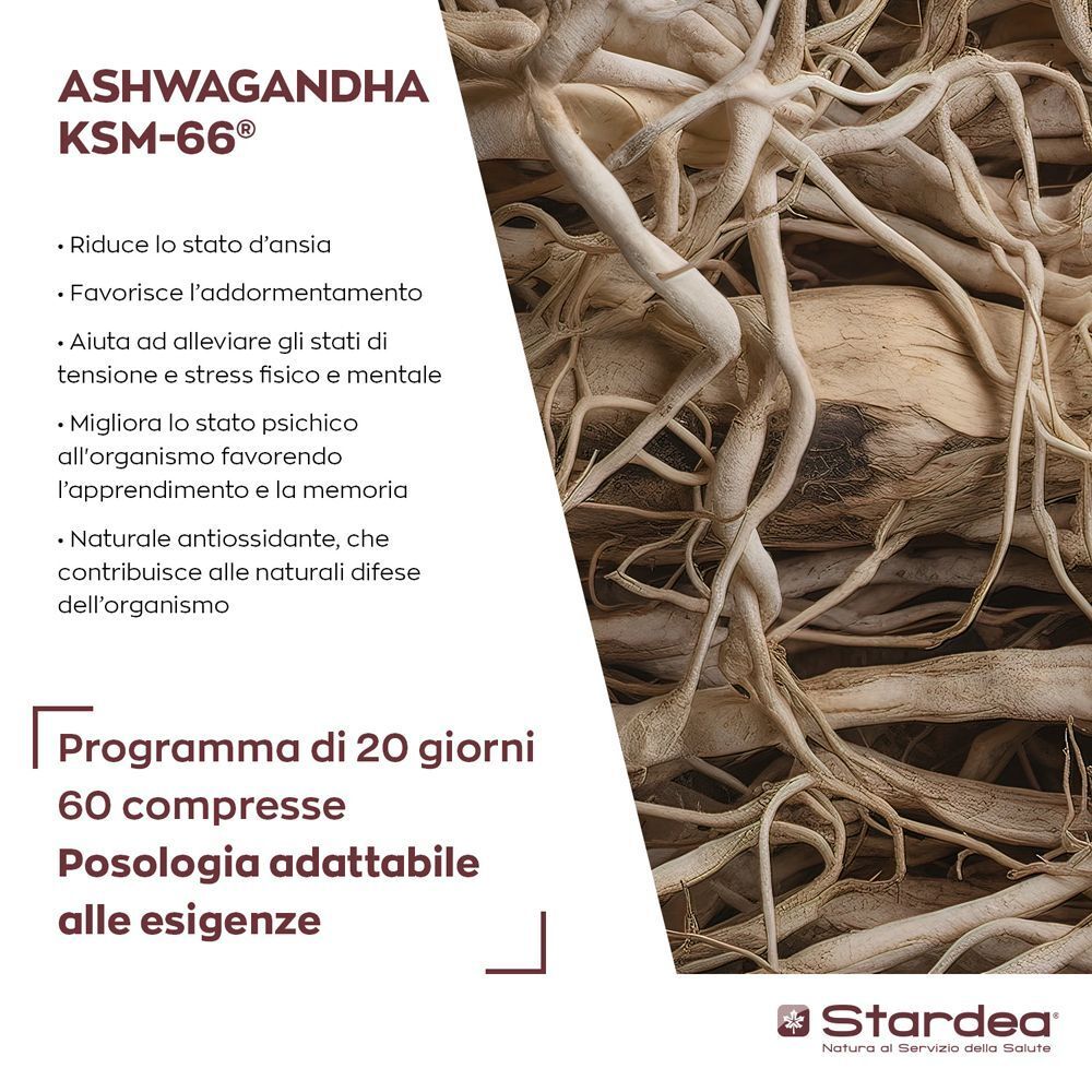Radici di Ashwagandha KSM-66® e un elenco dei benefici del prodotto.