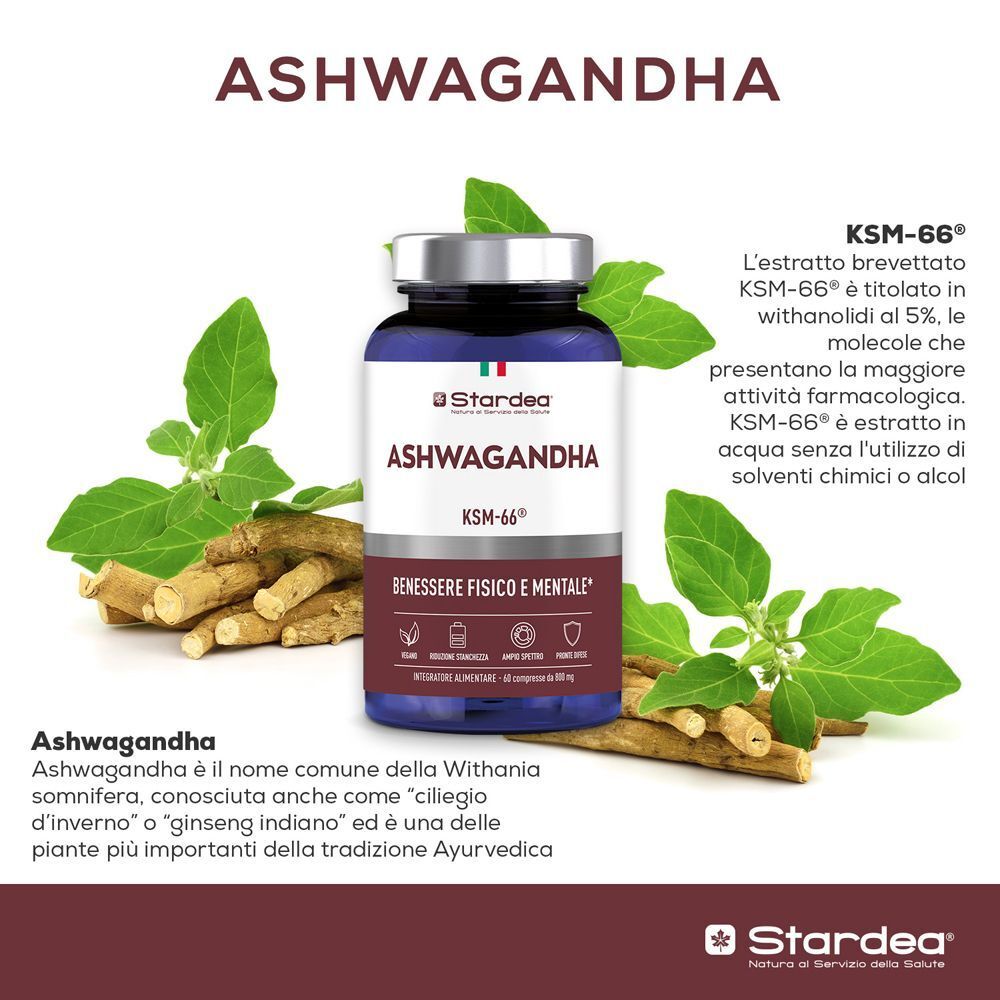 Flacone di Stardea Ashwagandha KSM-66® con pianta e radici di Ashwagandha.