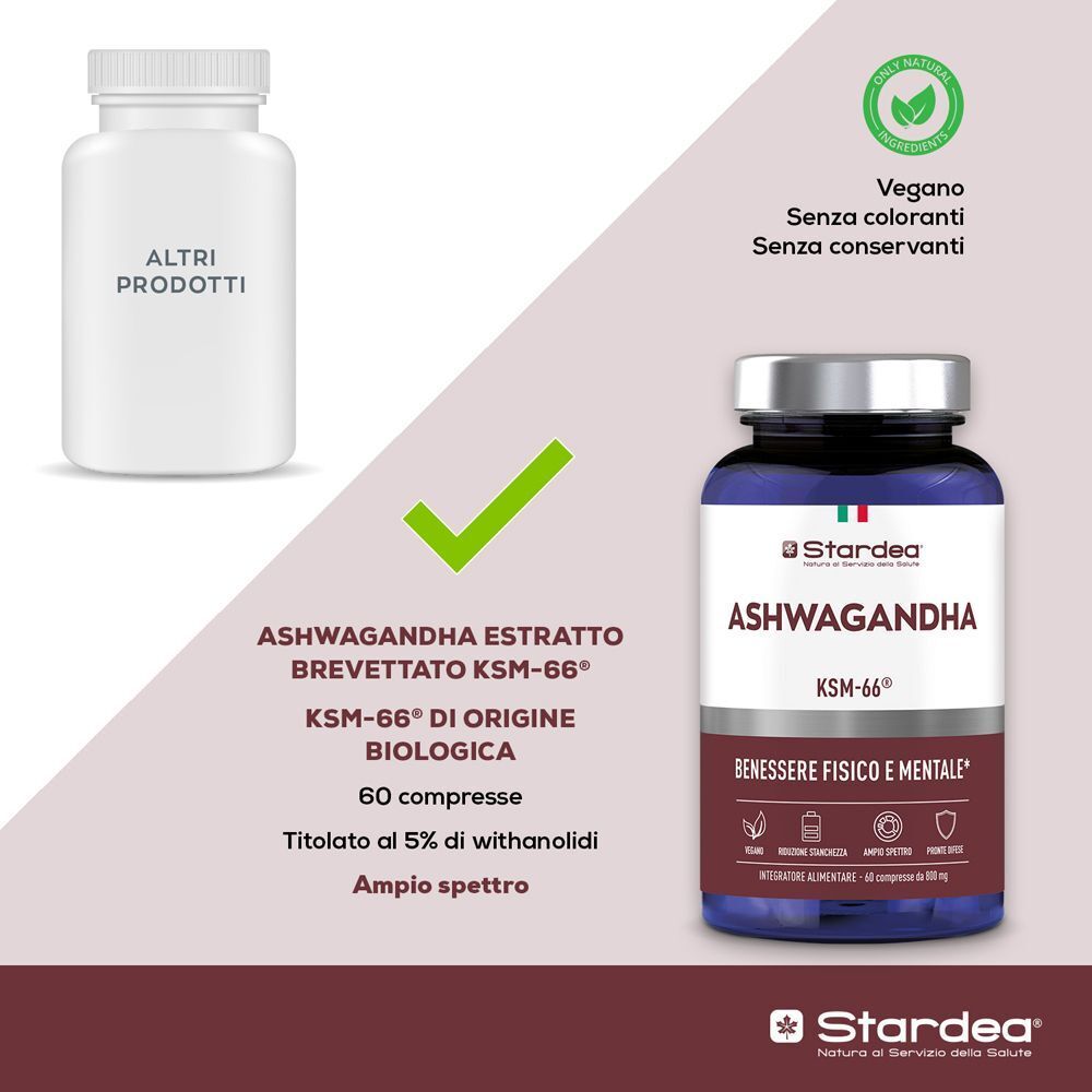 Flacone di Ashwagandha KSM-66 Stardea, biologico, 60 compresse, titolato al 5% in withanolidi.