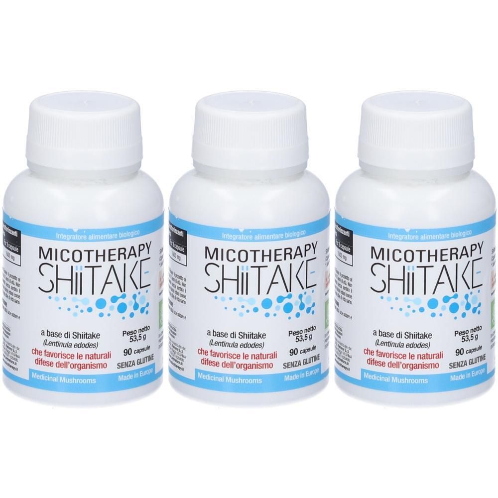 Tre flaconi bianchi con capsule di Shiitake. Ogni flacone contiene 90 capsule.