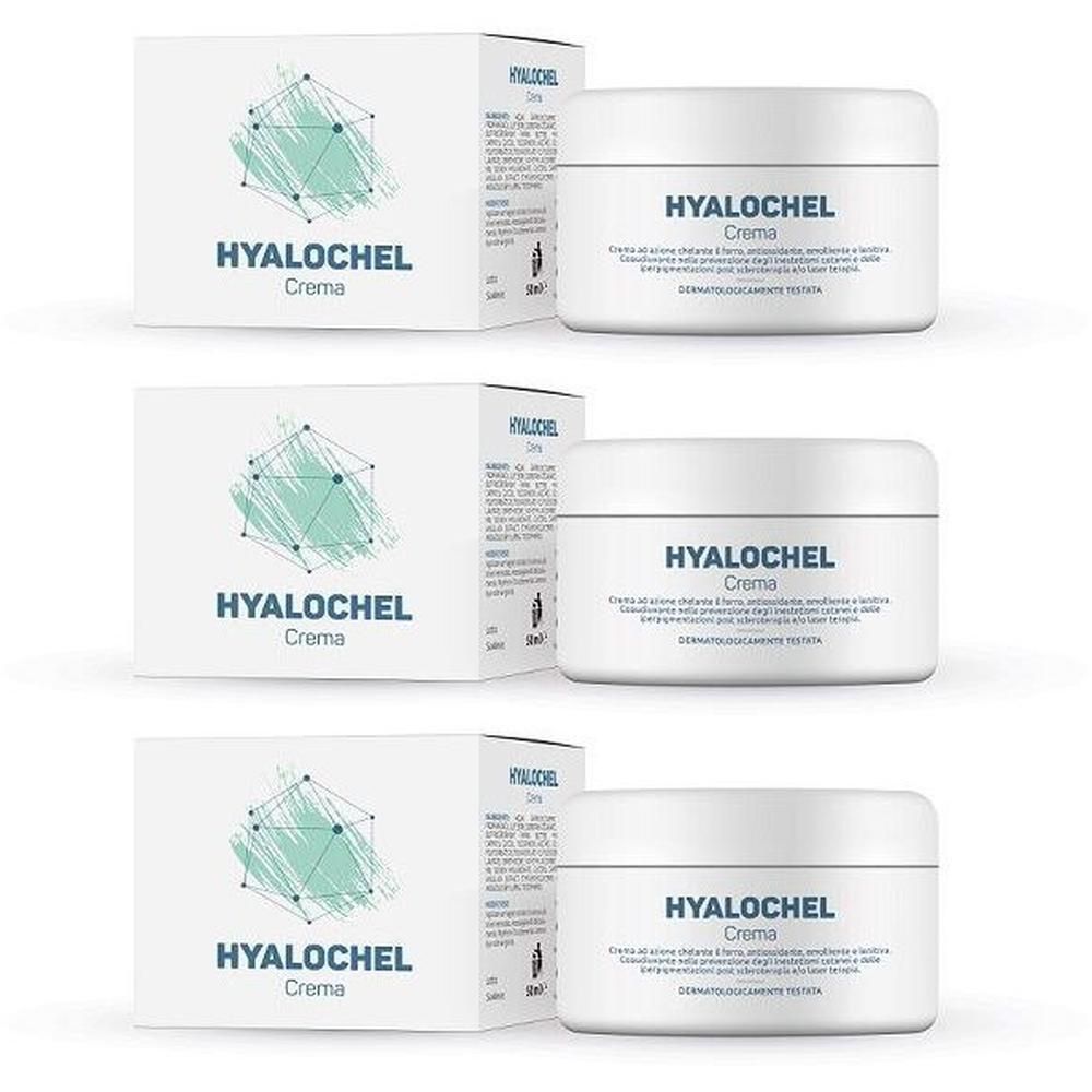 Hyalochel Crema: Due vasetti bianchi con coperchio e relative scatole. Fronte con logo e nome del prodotto.