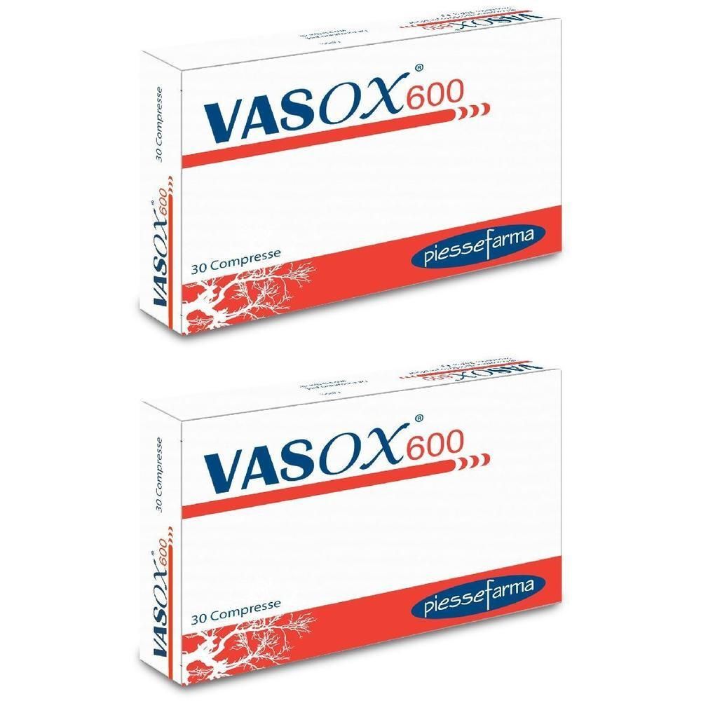 Due scatole di Vasox 600, 30 compresse, con design rosso e bianco e logo Piefarma.