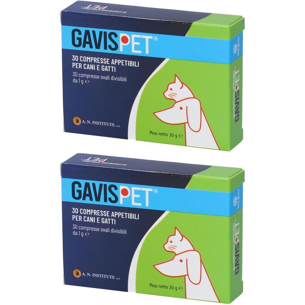 Due scatole di GavisPet, 30 compresse appetibili per cani e gatti.
