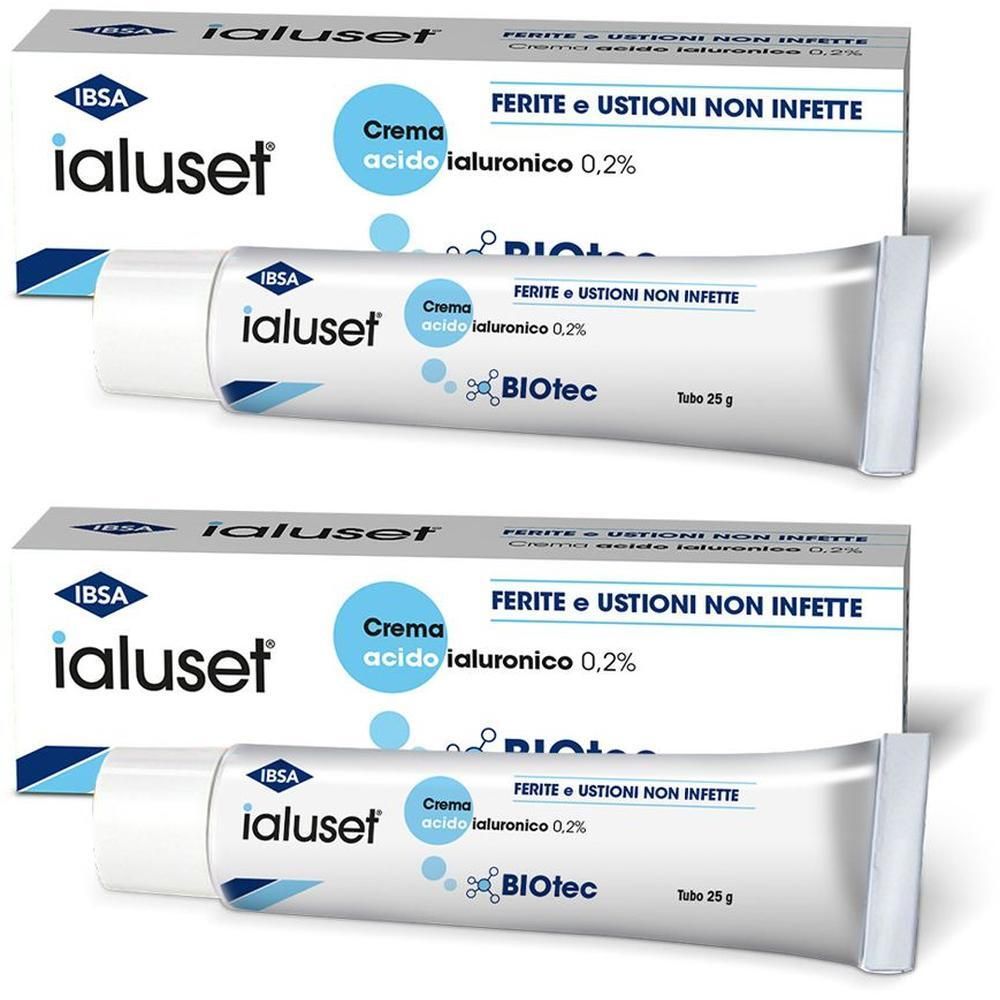 Due tubi di Ialuset® Crema con acido ialuronico 0,2% e scatole.