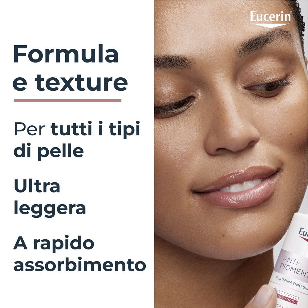 Donna con pelle scura, evidenzia la formula leggera e a rapido assorbimento per tutti i tipi di pelle.