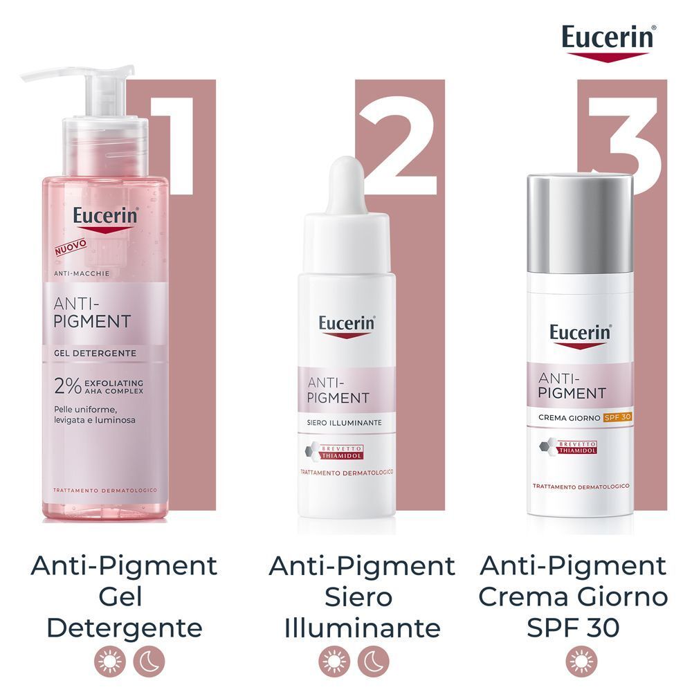 Gamma prodotti Eucerin Anti-Pigment: gel detergente, siero illuminante e crema giorno SPF 30.