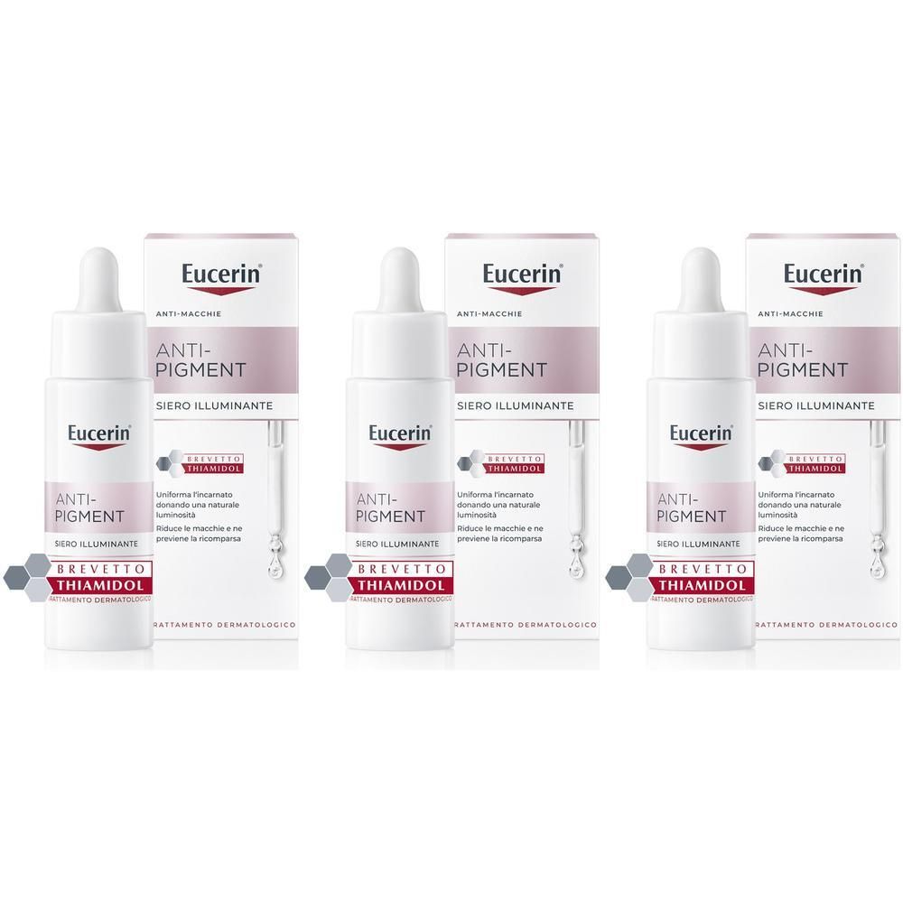 Tre flaconi Eucerin Anti-Pigment Siero Illuminante con contagocce e confezione.