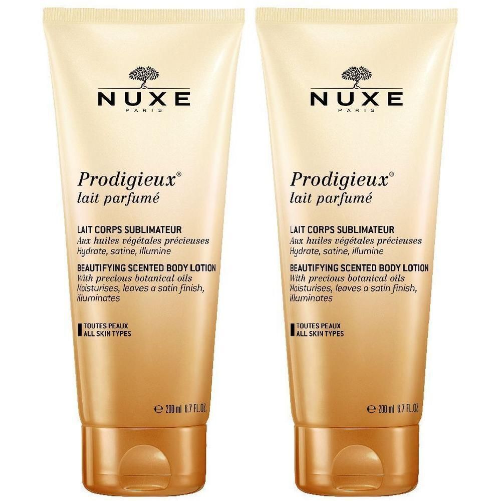 Due tubetti di latte corpo Nuxe Prodigieux® con sfumatura dorata e scritte bianche.