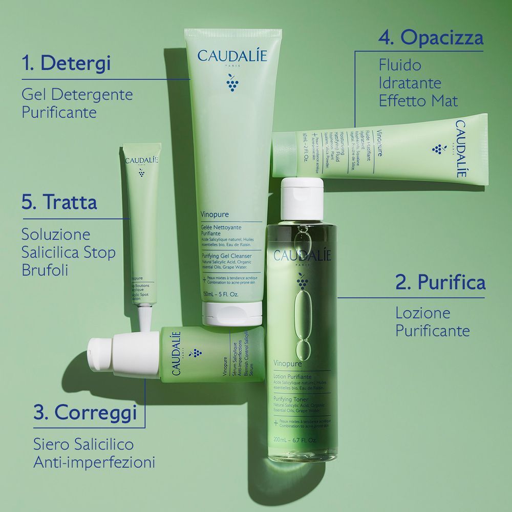 Routine skincare Caudalie Vinopure: Gel detergente, lozione, siero, fluido idratante, soluzione brufoli.