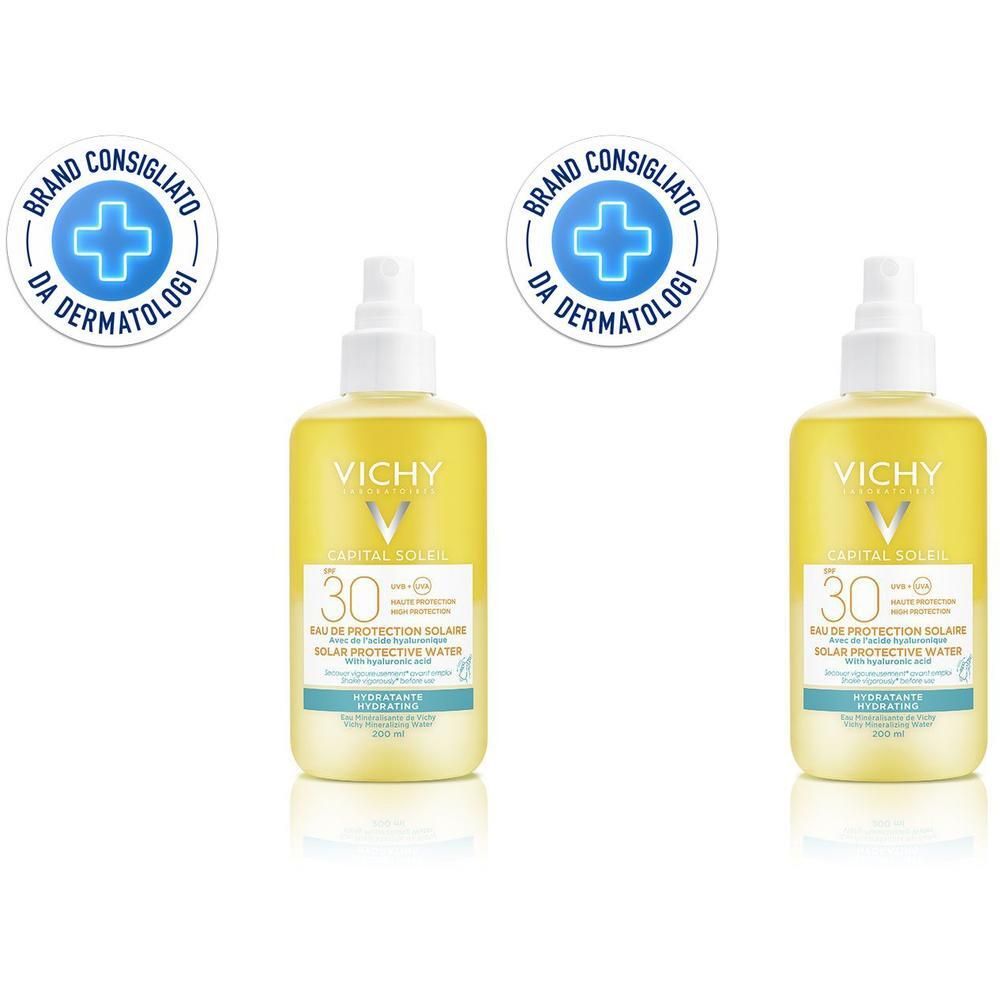 Due flaconi Vichy Capital Soleil Acqua Solare Protettiva SPF 30. Consigliato dai dermatologi.