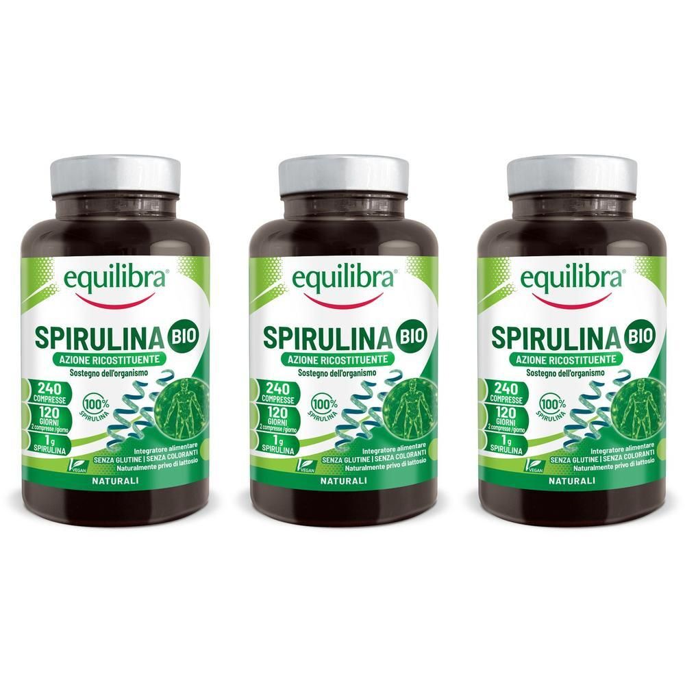 Tre flaconi di Equilibra Spirulina Bio, integratore alimentare, 240 compresse.