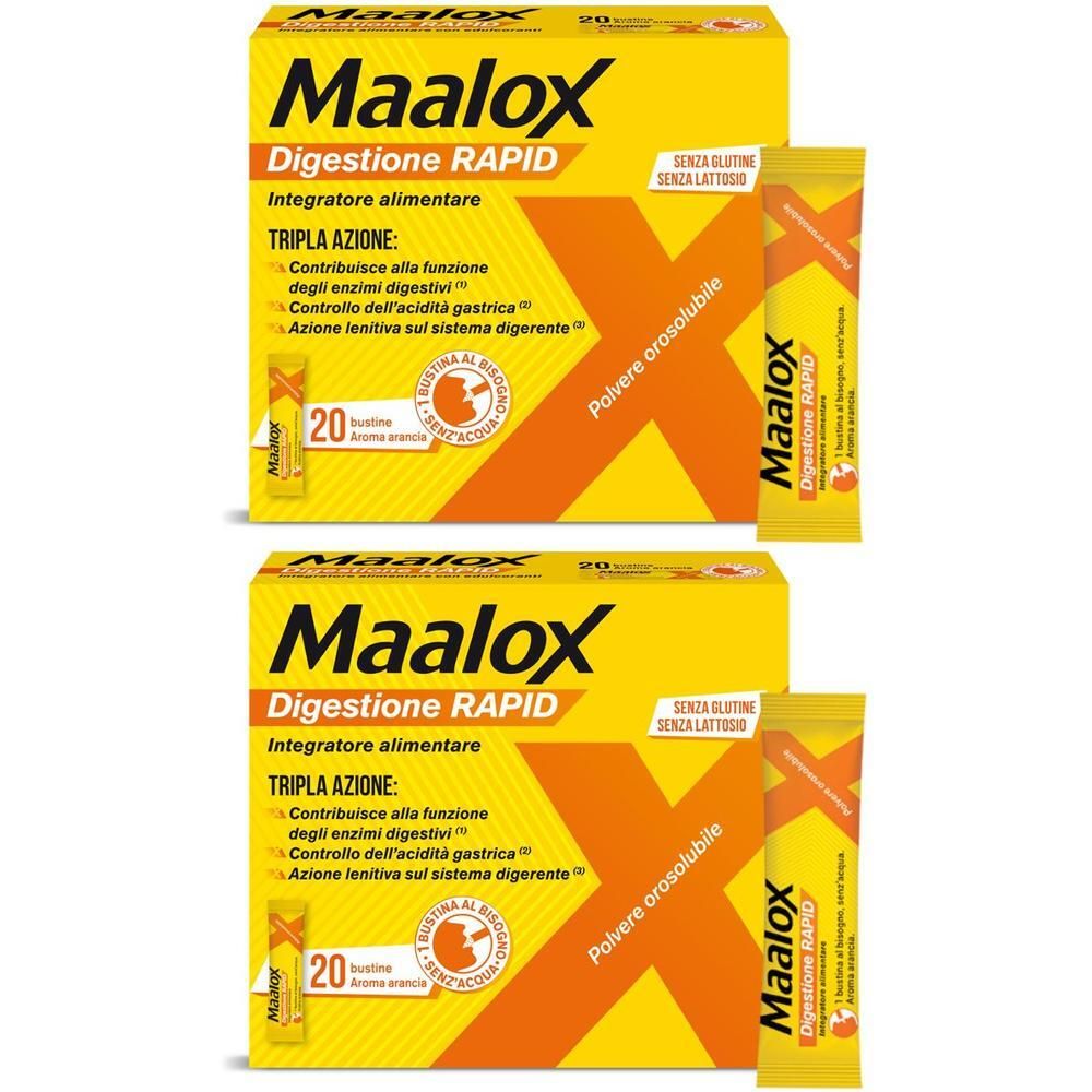 Due confezioni Maalox Digestione RAPID da 20 bustine, polvere orale.