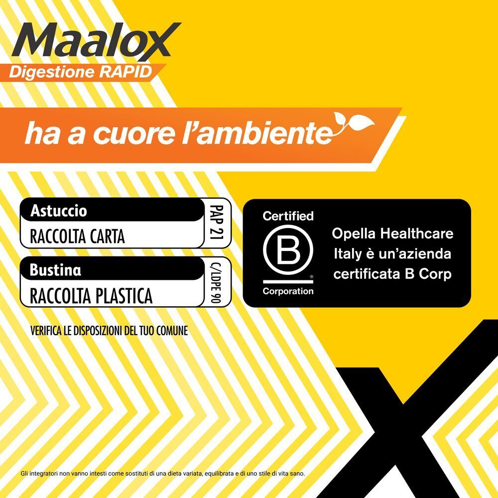Maalox Digestione RAPID: Astuccio in carta, bustina in plastica. Indicazioni per la raccolta.