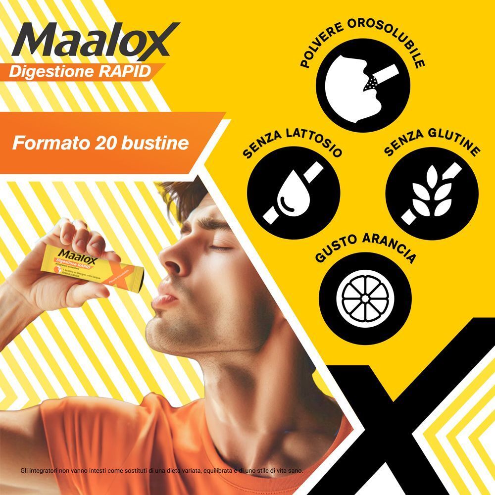 Maalox Digestione RAPID: Formato 20 bustine, polvere orosolubile, gusto arancia.