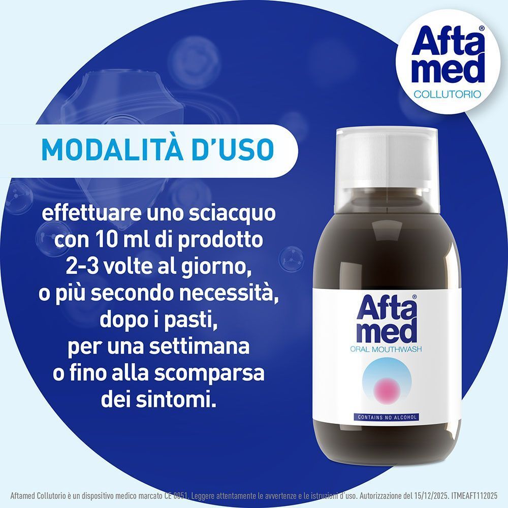Collutorio Aftamed: modalità d'uso per il collutorio.