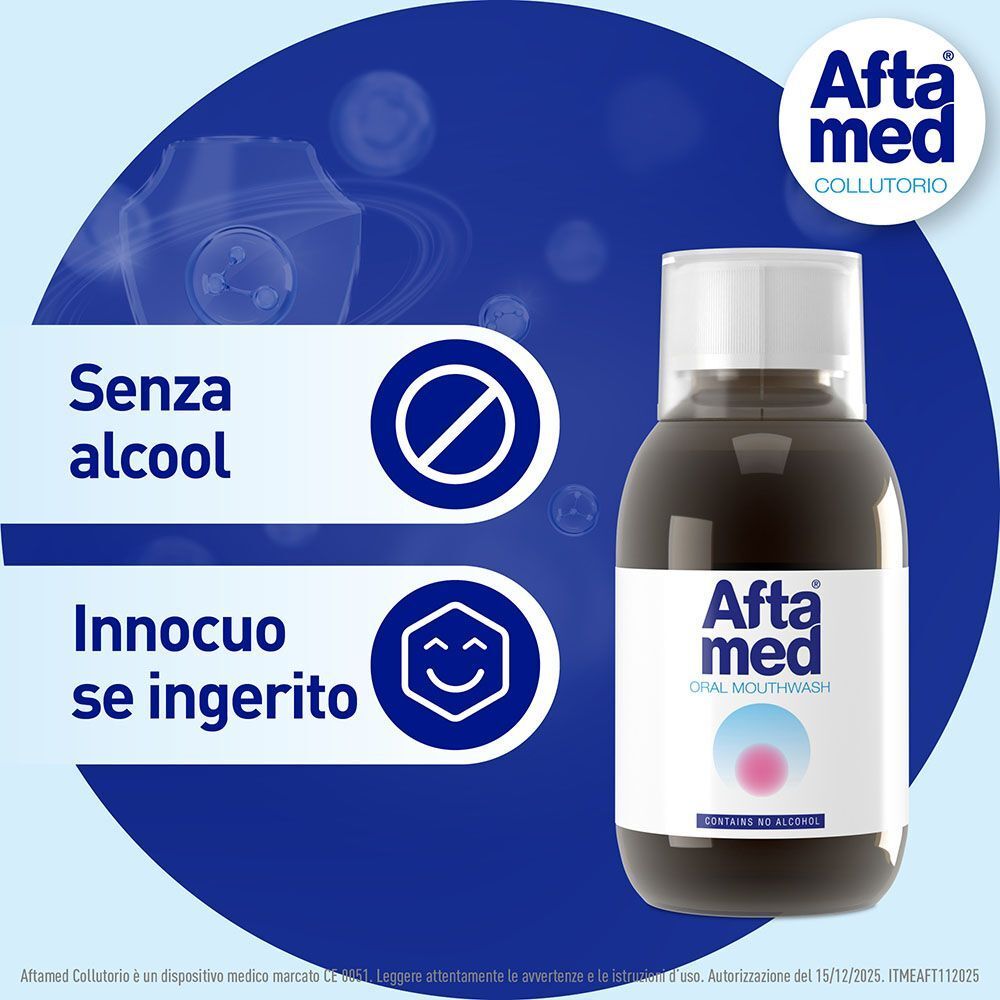 Collutorio Aftamed: senza alcool e innocuo se ingerito.