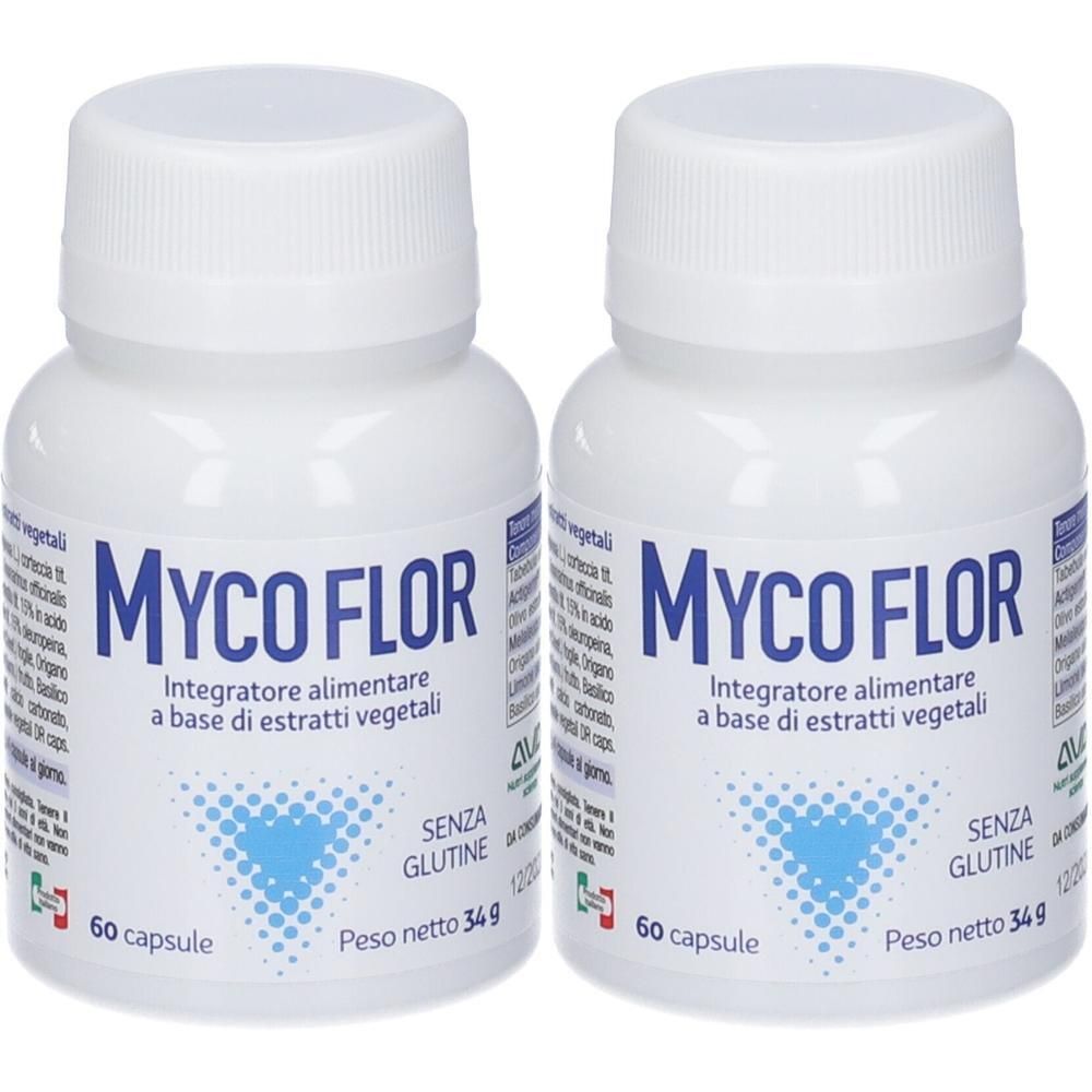 Due flaconi bianchi di Mycoflor Integratore alimentare, ciascuno con 60 capsule.