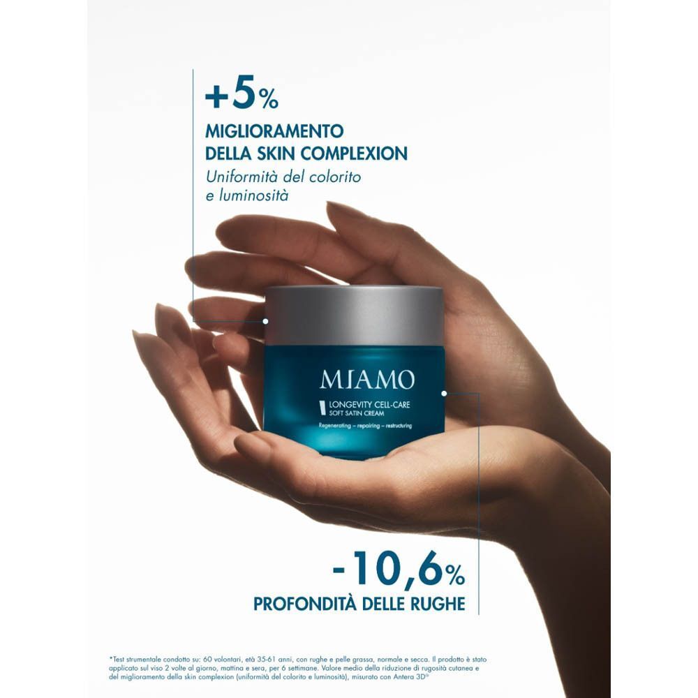 Mani che tengono un vasetto di MIAMO Longevity Cell Care Soft Satin Cream.