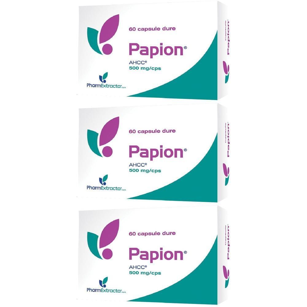 Tre confezioni di capsule Papion, 60 capsule per confezione, 500 mg AHCC.
