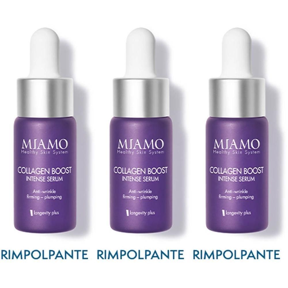 Tre flaconcini Miamo Collagen Boost Intense Serum con contagocce. Flaconi viola con collo argentato.
