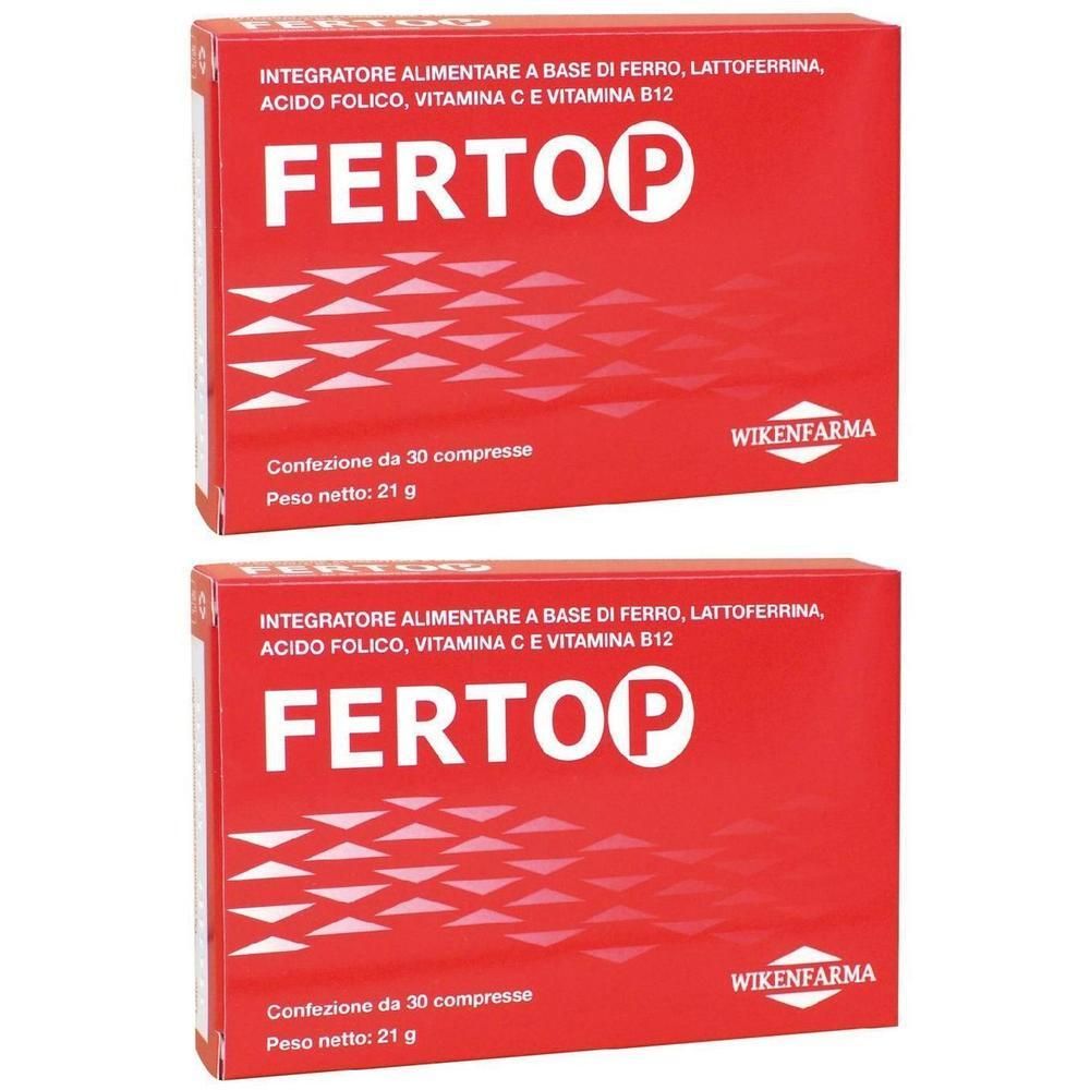 Due confezioni rosse con scritta "FERTOP" e "WIKENFARMA". Contiene 30 compresse.