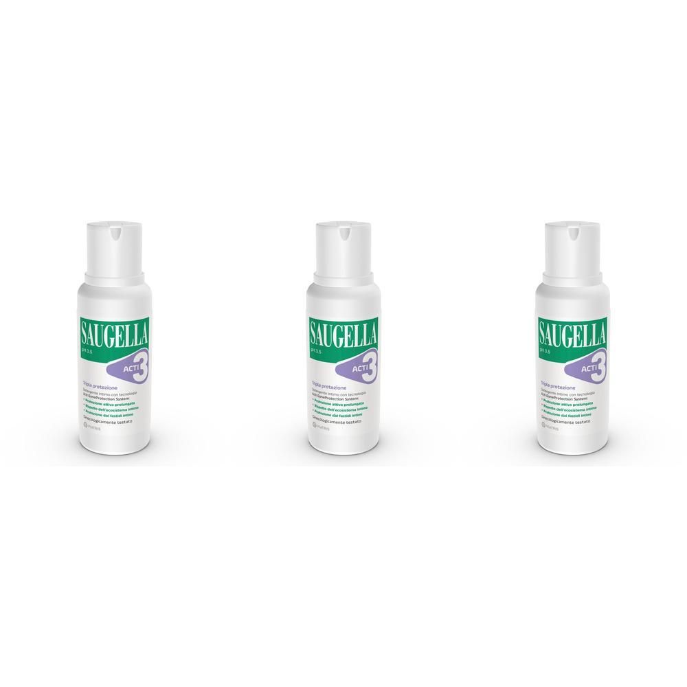 Tre flaconi bianchi con etichetta verde e viola che mostrano SAUGELLA ACTIVE 3.