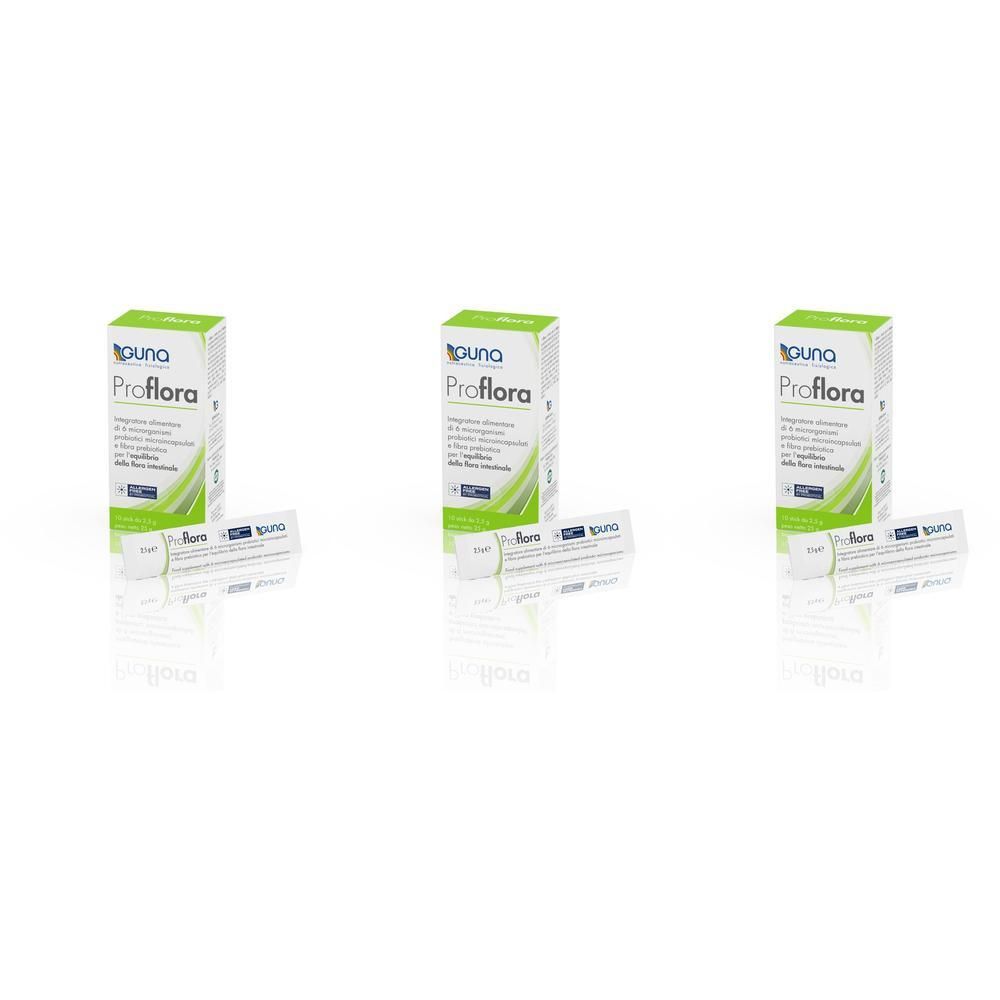 Tre confezioni di GUNA ProFlora Stick Orale con foglietti illustrativi.