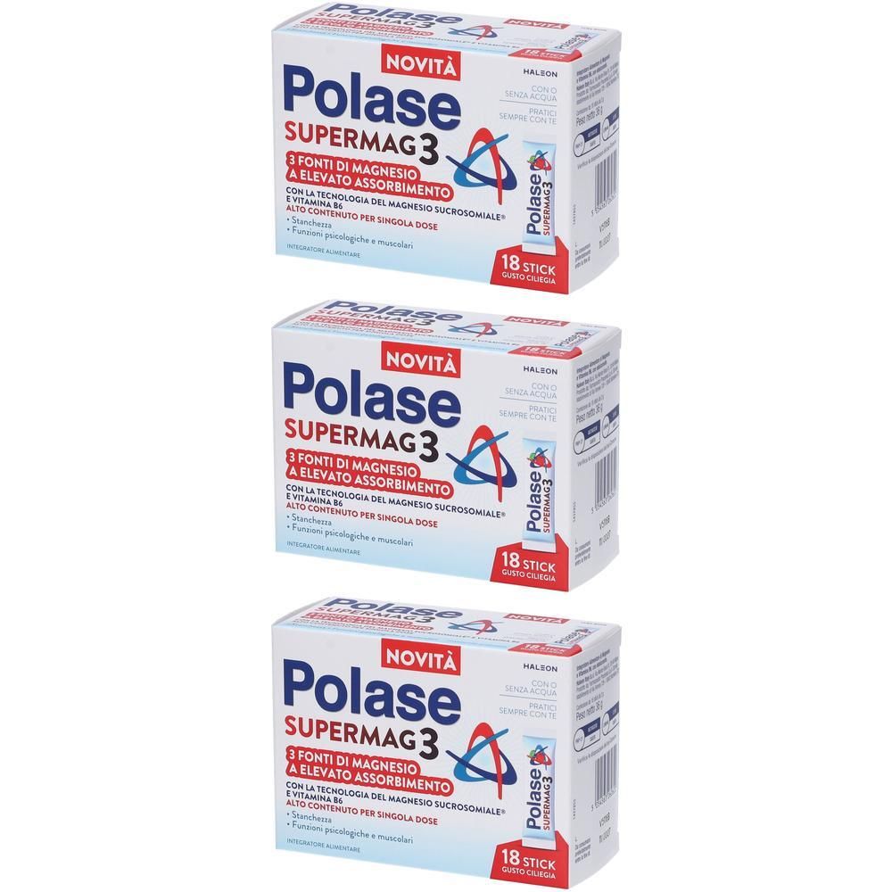 Tre confezioni di Polase Supermag3, ciascuna da 18 stick. Contiene magnesio e vitamina B6.