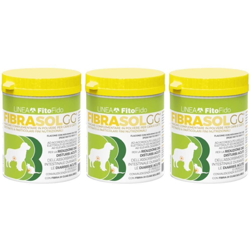 Tre confezioni Fibrasol CG per cani, imballaggio verde con silhouette di cane.