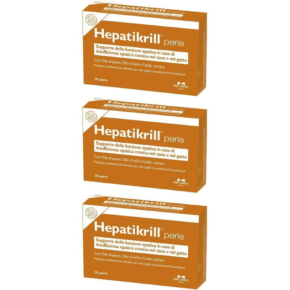 Tre confezioni Hepatikrill Perle per cani e gatti, imballaggio arancione.