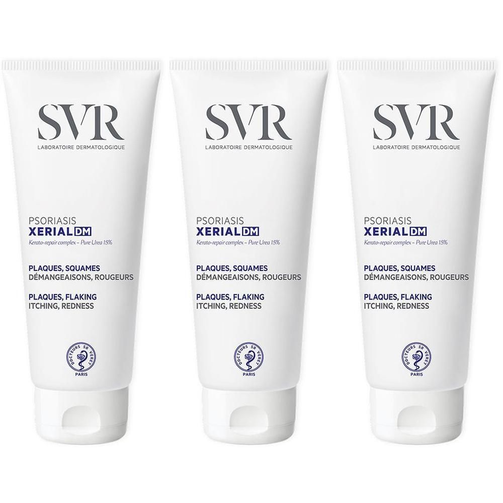 Tre tubi bianchi SVR XERIAL DM Psoriasi con scritte blu. Per placche, squame, prurito e rossori.