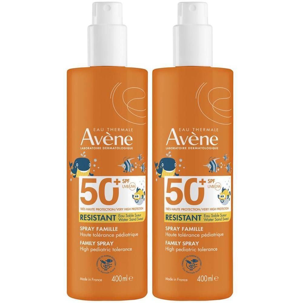 Due flaconi Avène Spray Bambino SPF 50+. Flaconi arancioni con erogatori spray bianchi.