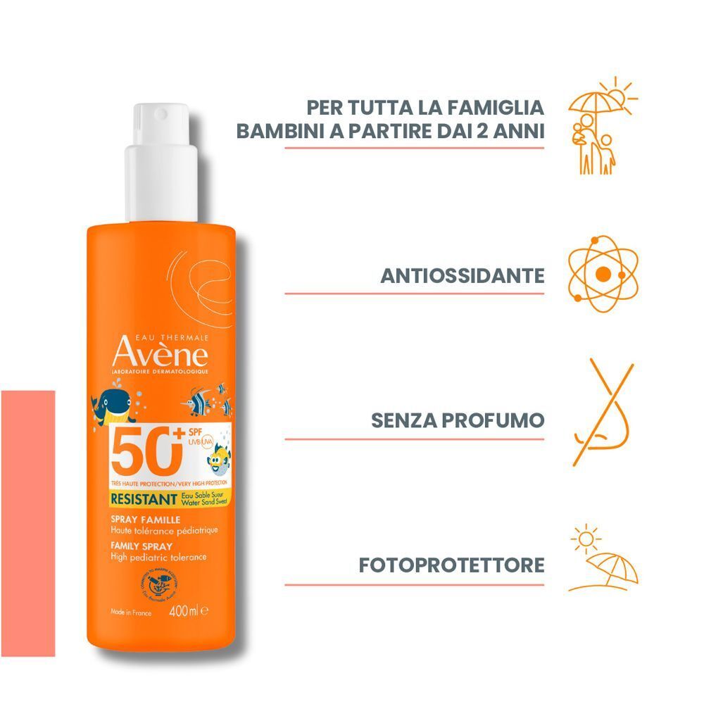 Flacone Avène Spray Bambino SPF 50+. Mostra icone per antiossidante, senza profumo e fotoprotettore.