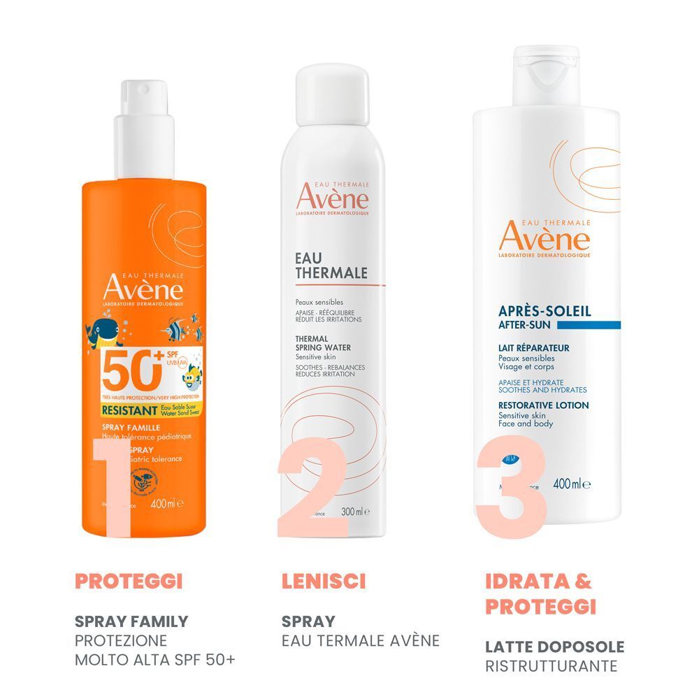 Tre prodotti Avène: spray solare, acqua termale e lozione doposole.