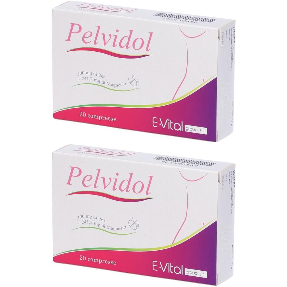 Due confezioni di compresse Pelvidol, 20 compresse per confezione. Contiene 100 mg di Propoli e 241,2 mg di Magnesio.
