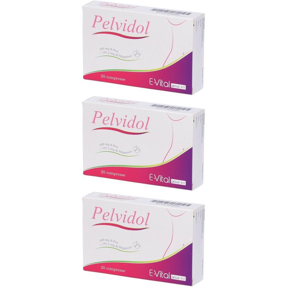 Tre confezioni di Pelvidol Compresse, 20 compresse ciascuna. Design della scatola con linee ondulate viola e rosa.