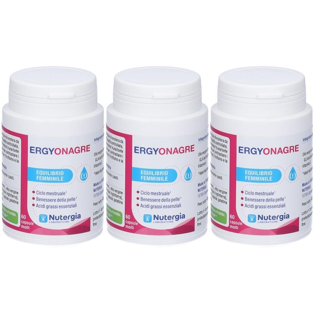 Tre contenitori bianchi con capsule Ergyonagre. Ogni flacone contiene 60 capsule.