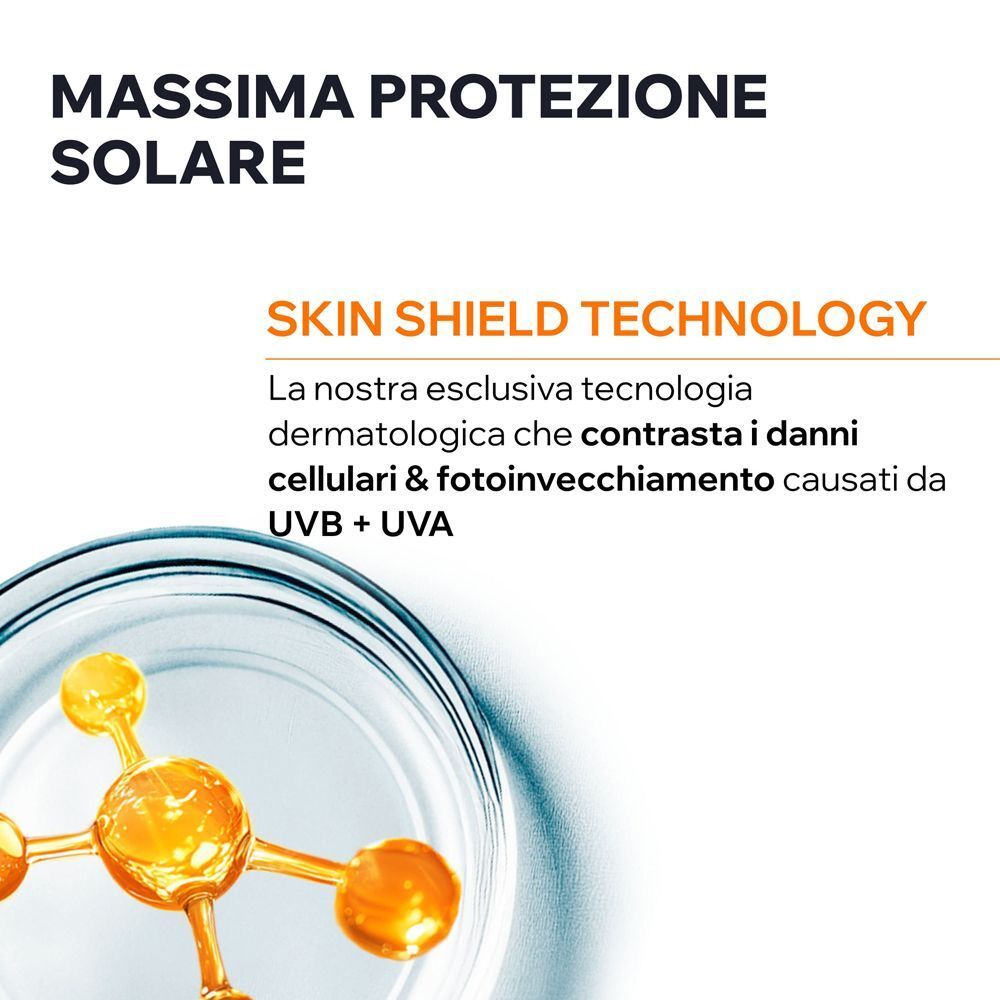 Struttura molecolare e testo sulla tecnologia di protezione della pelle dello stick solare invisibile URIAGE BARIESUN SPF50+.