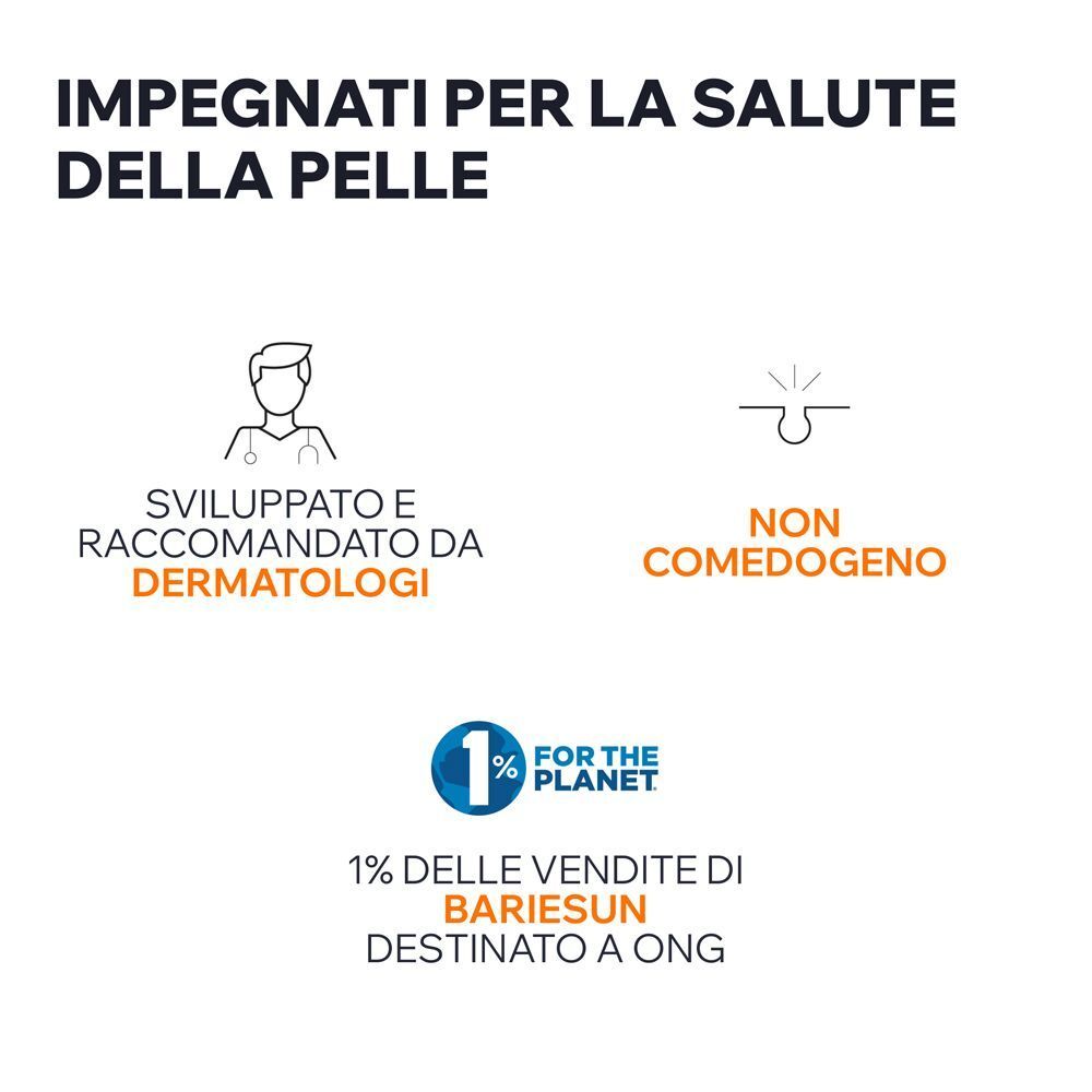 Icone di raccomandazione dermatologica e non comedogenicità dello stick URIAGE BARIESUN, con logo 1% For The Planet.
