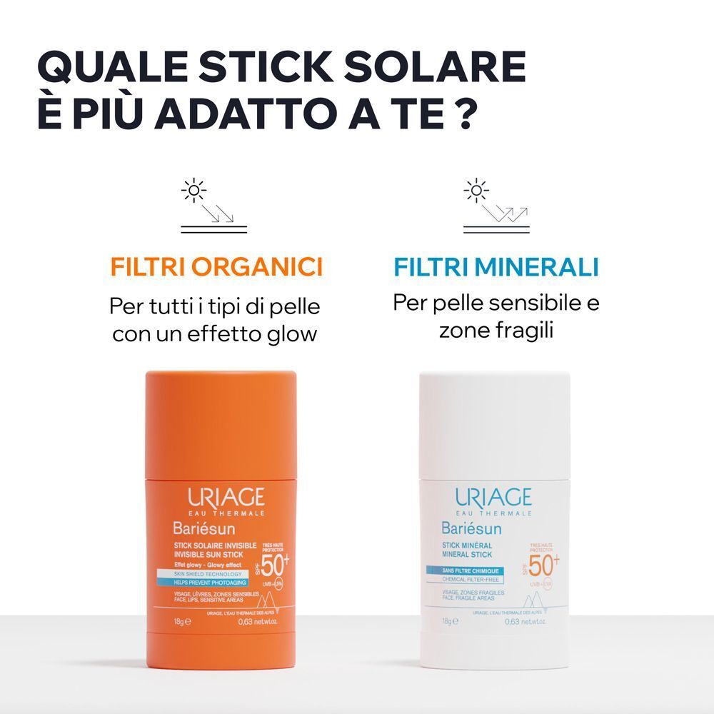 Confronto tra lo stick solare organico URIAGE BARIESUN con effetto glow e lo stick minerale per pelli sensibili.