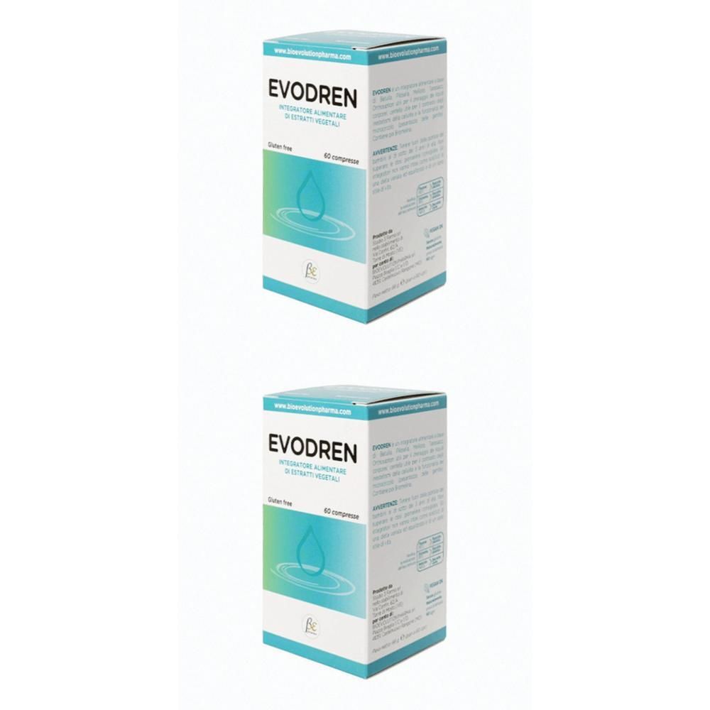 Due scatole di Evodren, 60 compresse. Le scatole sono bianche con accenti blu e un logo a goccia d'acqua.