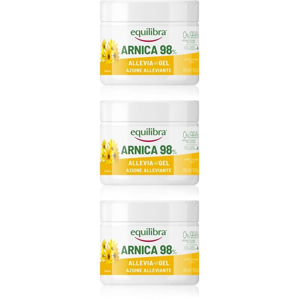 Tre vasetti di Equilibra Arnica 98% Allevia Gel uno accanto all'altro.