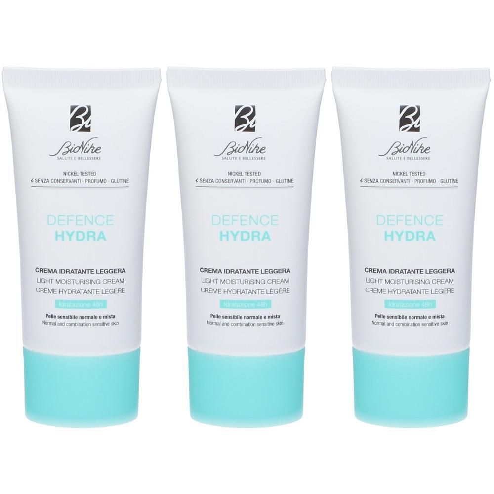 Tre tubetti di crema idratante leggera Bionike Defence Hydra con base turchese.